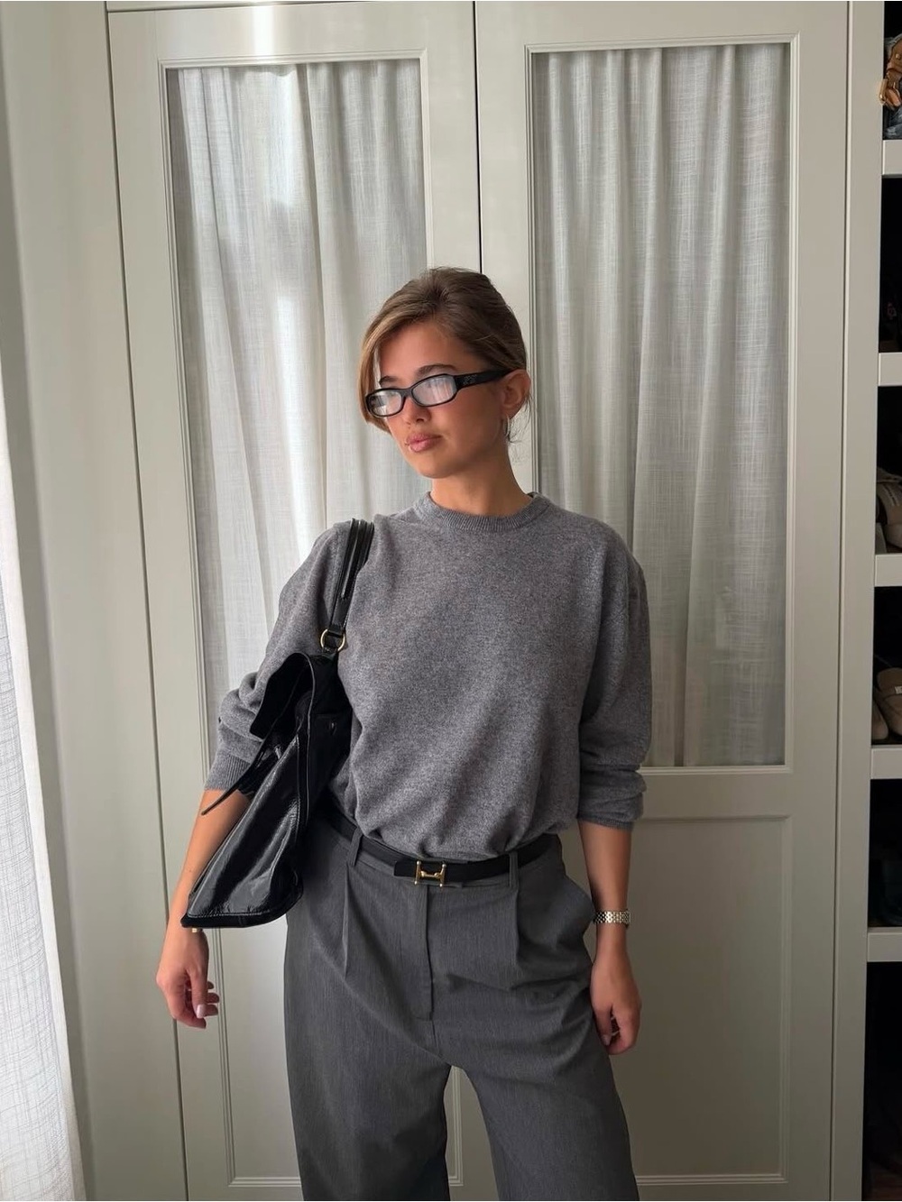 Djerf Avenue Grey Wide-Leg Pleated Trousers